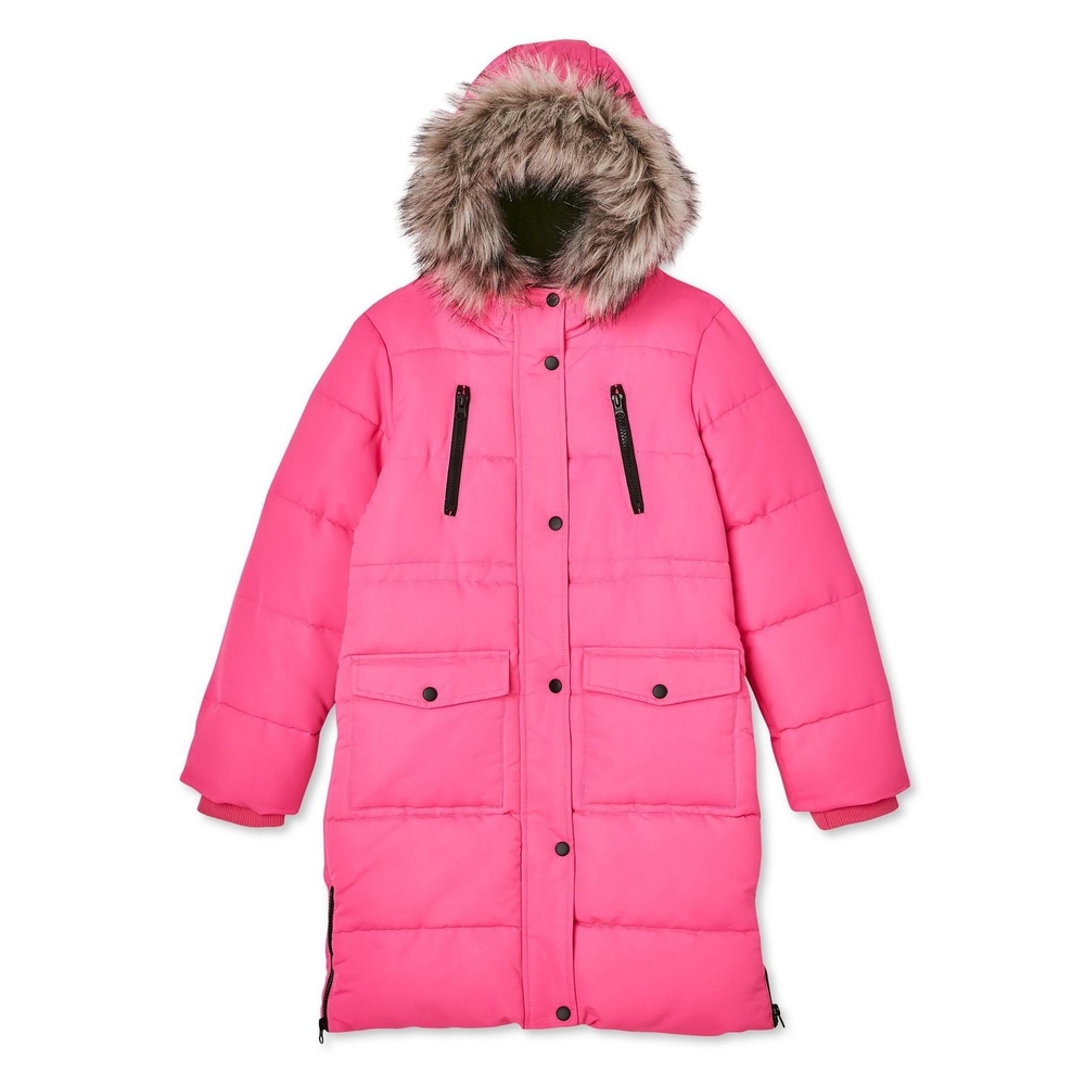 NWOT Junior George Pink Puffer Jacket with Faux Fur Hood - Picture 1 of 4